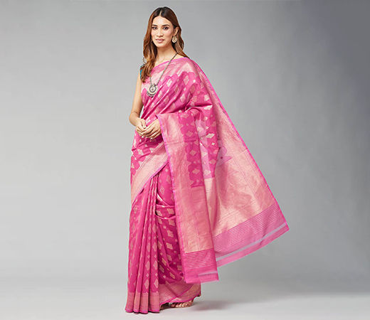 Fabindia Pink Cotton Silk Blend Woven Saree