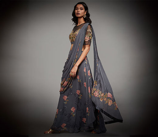 Charcoal Black Saree With Stitched Blouse