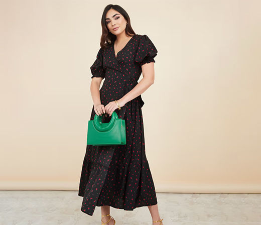 Styli Black Puff Sleeves Floral Print Wrap Midi Dress