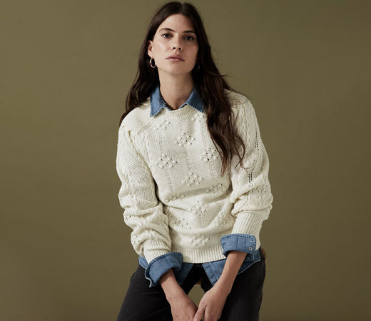Knitted Blouson Sleeve Cream Sweater with Wool
