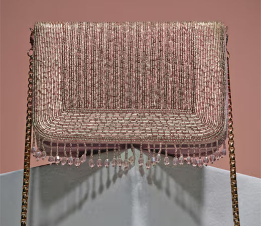 Gajra Gang Rose Gold Hand Embroidered Beads and Fringe Clutch