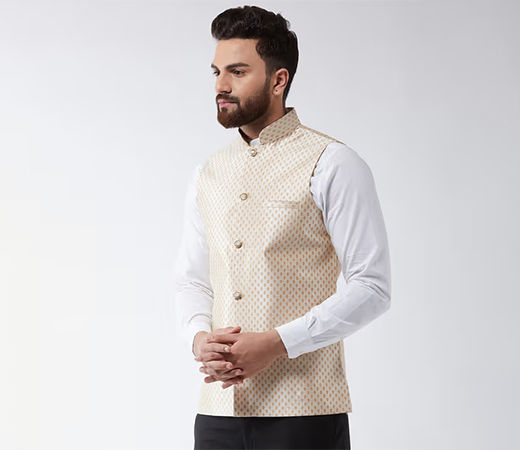 SOJANYA Silk Blend Beige & Gold Self Design Waist Coat