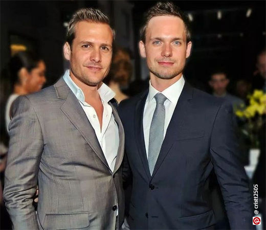 Gabriel Macht and Patrick J. Adams wearing notch lapel suits