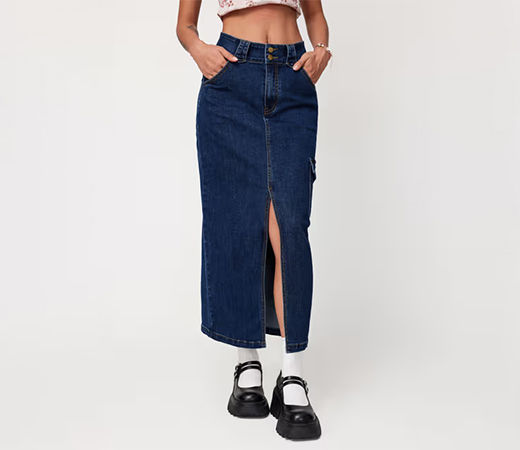 Denim High Waist Pocket Split Maxi Skirt by Cider