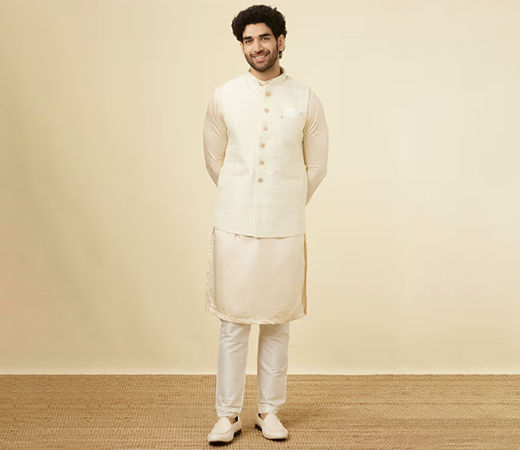 Cream Art Silk Self-Design Jacket