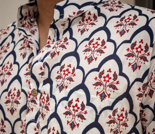 Off White & Blue Ethnic Motifs Hand Block Printed Short Kurta