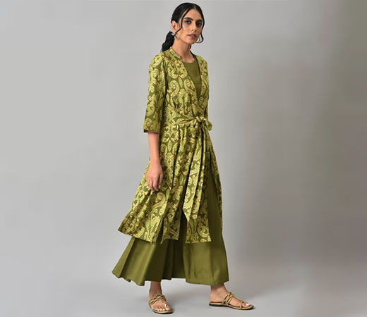 W Green Ikat Printed Jacket with Top and Pants
