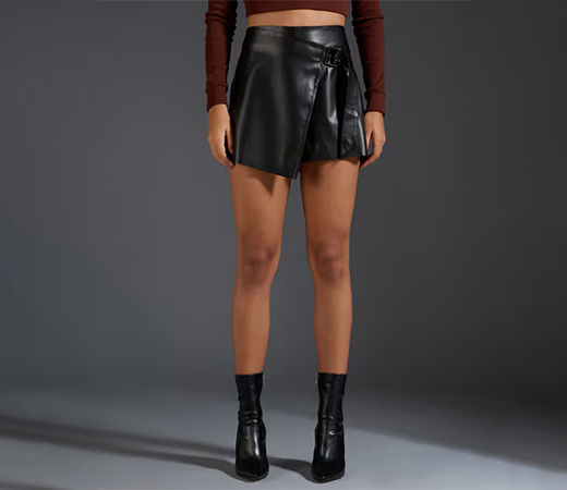 Twenty Dresses by Nykaa Fashion Black Solid Faux Leather Wrap Skort