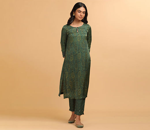 W Green Ajrakh Print Kurta In Modal Satin