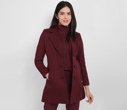 Allen Solly Maroon Solid Casual Coat