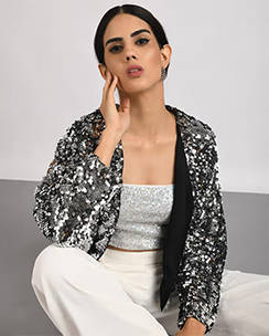 Attic Salt Black Flowy Jacket with Sequins