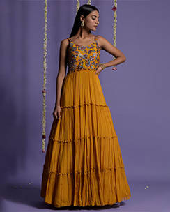 Two Sisters by Gyans Mustard with Multi coloured Sequins Embroidered Gown