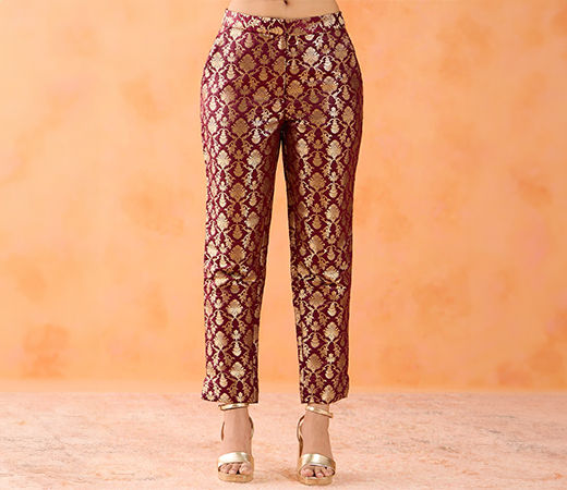 Gajra Gang Banaras Brocade Maroon Slim Fit Pant