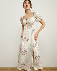 Pomelo Puff Sleeve Ruched Midi Dress - Beige