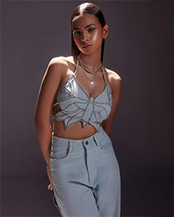The Clothing Factory Rhinestone Embellished Butterfly Top-Blue 
