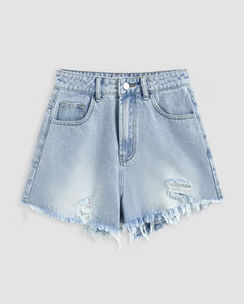 Cider High Waist Ripped Washed Denim Shorts