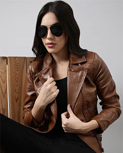 SHOWOFF Solid Lapel Collar Brown Biker Jacket
