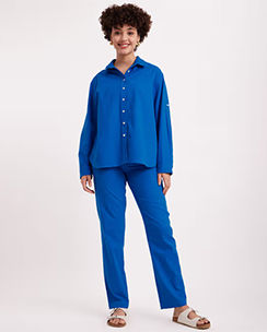 FableStreet Linen Oversized Shirt and Trouser Co-ord - Blue (Set of 2)
