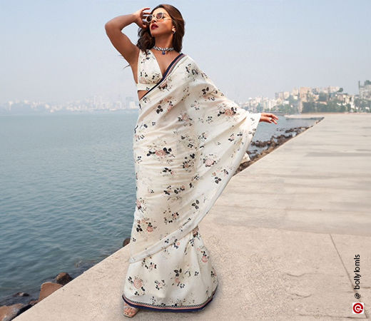 Priyanka Chopra Jonas wearing a white floral saree