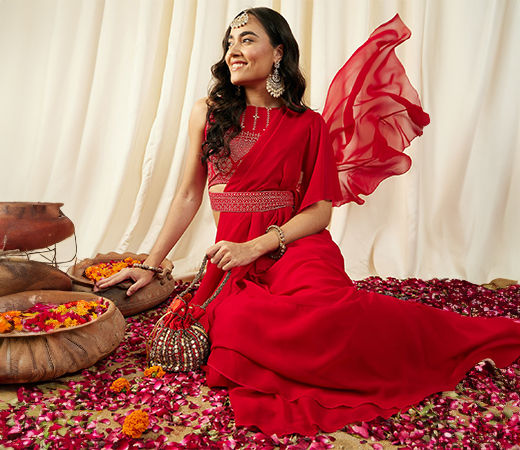 Mabish By Sonal Jain Red Pre-Draped Saree
