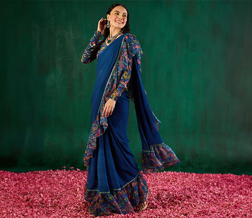 Gajra Gang Rishi Vibhuti Blue Ruffled Saree