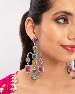Priyaasi Multi Coloured Stone Studded Chandelier Drop Earrings