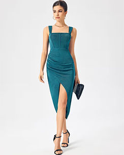 Cider Texture Ruched Slit Midi Dress

