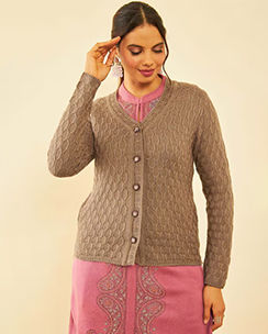 Soch Women’s Brown Acrylic Woven Design Winter Cardigan
