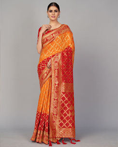 Orange and Red color Silk Trendy Traditonal Saree with Unstitched Blouse