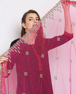 Women's Embroidered & Embellished Pink Net Dupatta