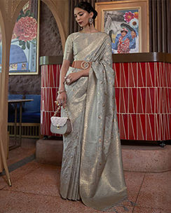Akhilam Womens Silk Blend Grey Woven Designer Saree with Unstitched Blouse
