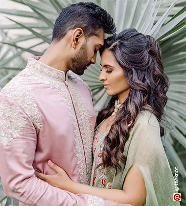 Bride and Groom in Pink and Green Pastels