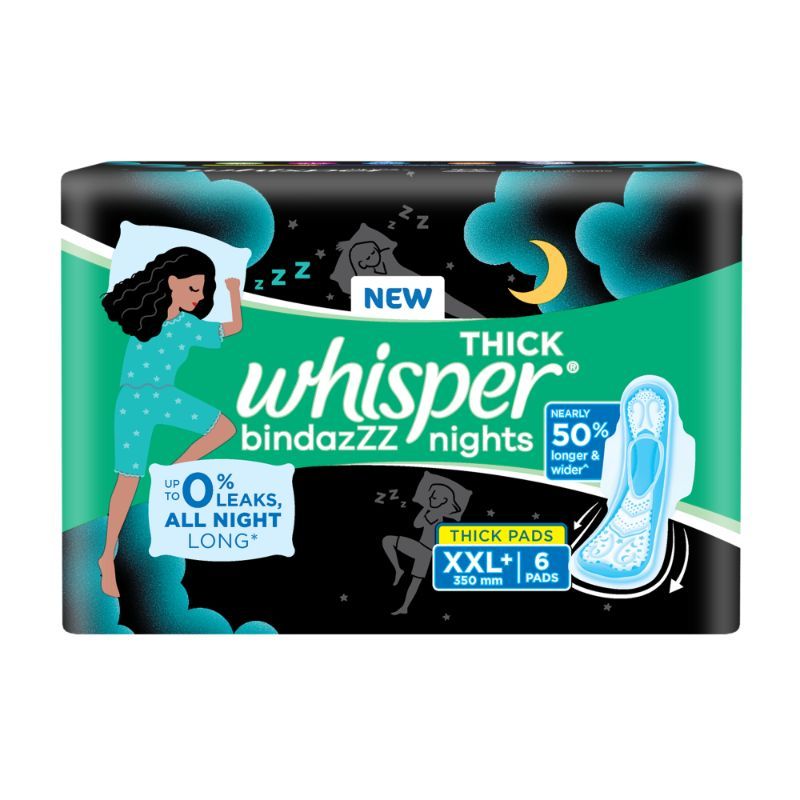 Whisper Bindazzz Night Koala Soft Thin XXL+ Sanitary Pads - 60% Longer & Upto 0% Leaks, 6 Pads