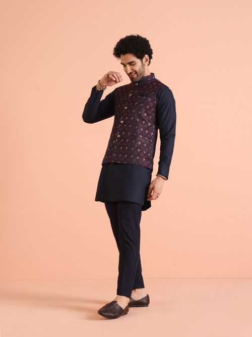 KISAH Men Navy Blue Woven Design Ethnic Motifs Kurta with Pant and Nehru  Jacket (Set of 3) (38)