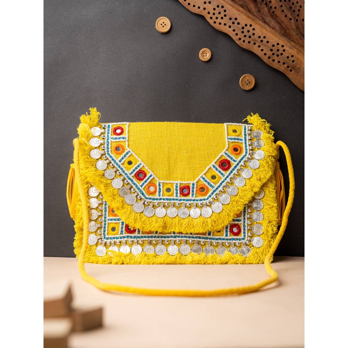 NR BY NIDHI RATHI Yellow Embellished Fold Over Clutch