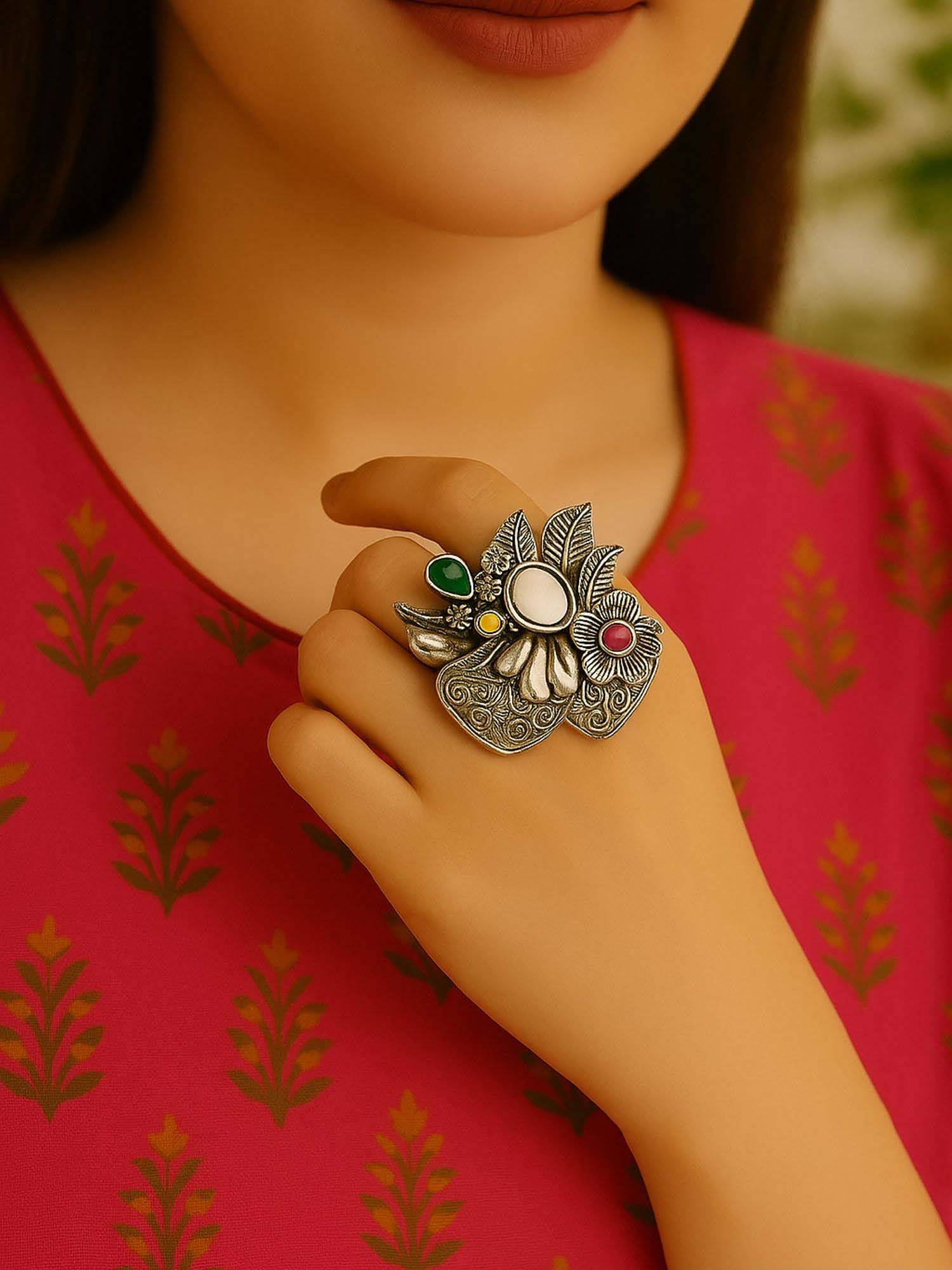 I Jewels Silver-Plated Adjustable Oxidised Finger Ring For Women