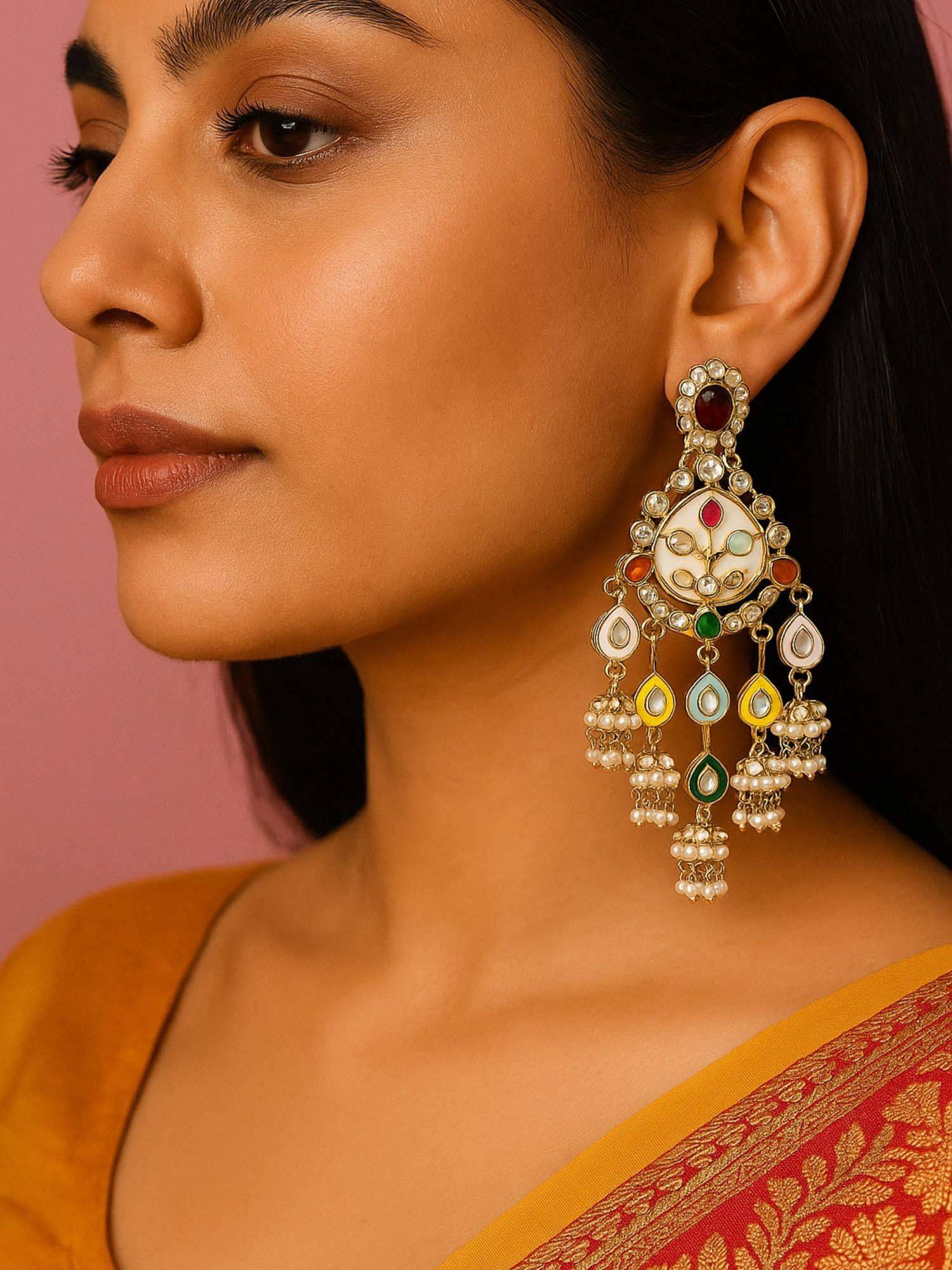 I Jewels Traditional Gold Plated Kundan Studded and Beaded Drop Earrings