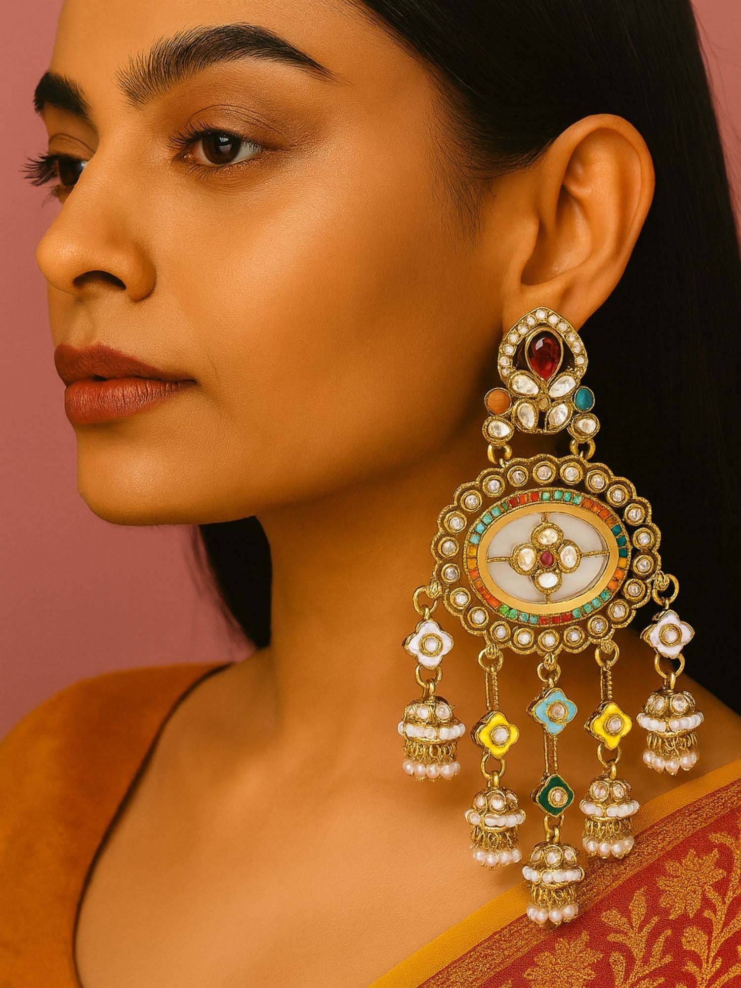 I Jewels Traditional Gold Plated Kundan Studded and Beaded Drop Earrings