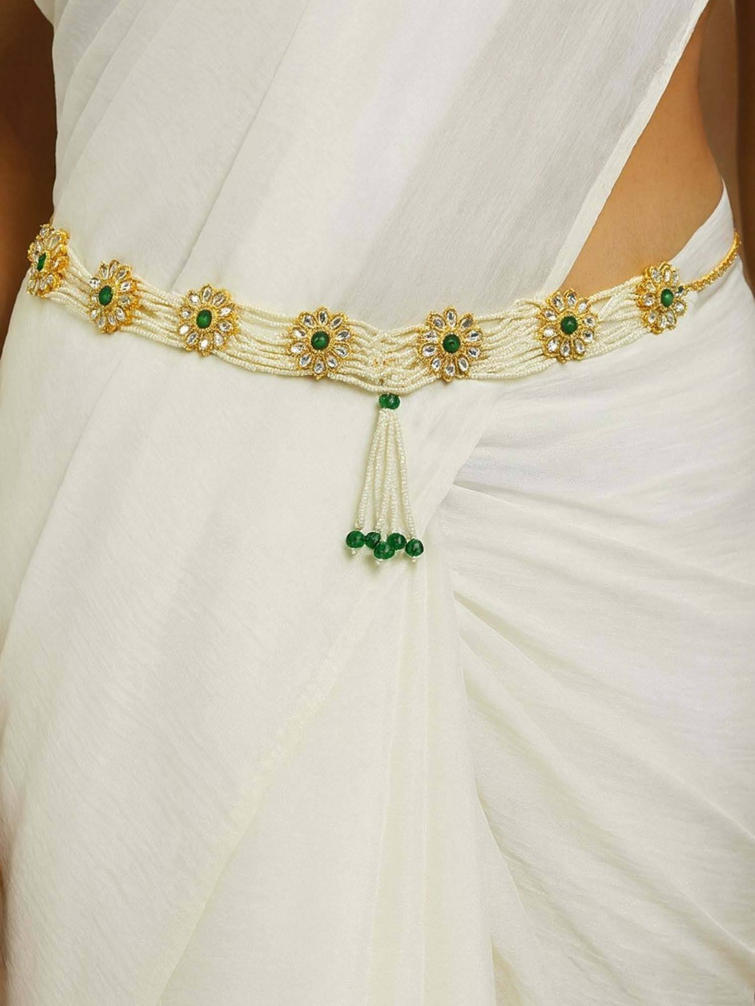 I Jewels Gold-Plated Green Kundan Studded Adjustable Kamarbandh