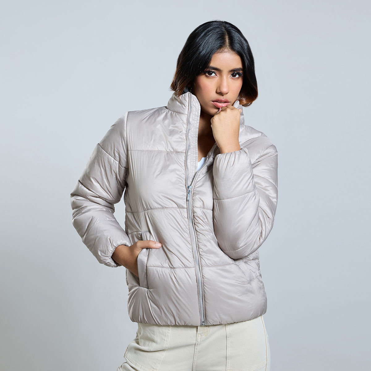 MIXT by Nykaa Fashion Gunmetal Solid High Neck Full Sleeves Quilted Puffer Jacket S