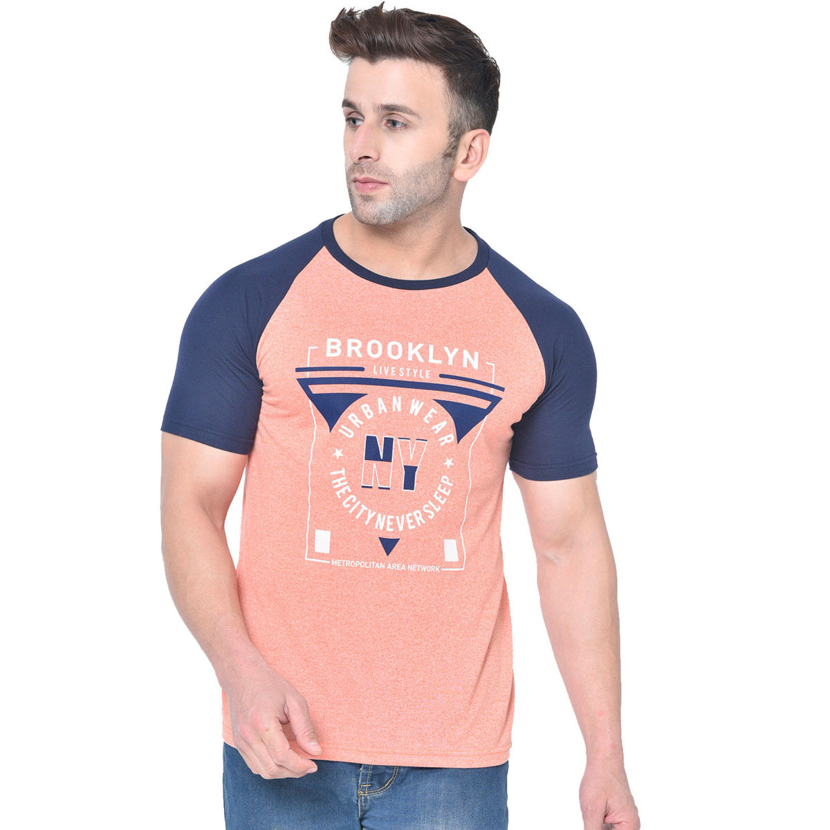 Buy CHKOKKO Orange Round Neck T-Shirt 