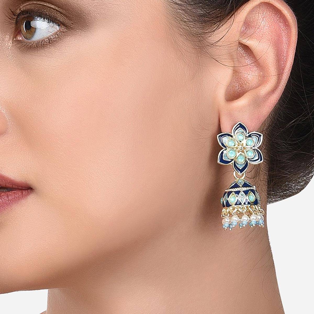 Zaveri Pearls Blue Meenakari Traditional Flower Jhumki Earring-ZPFK14380