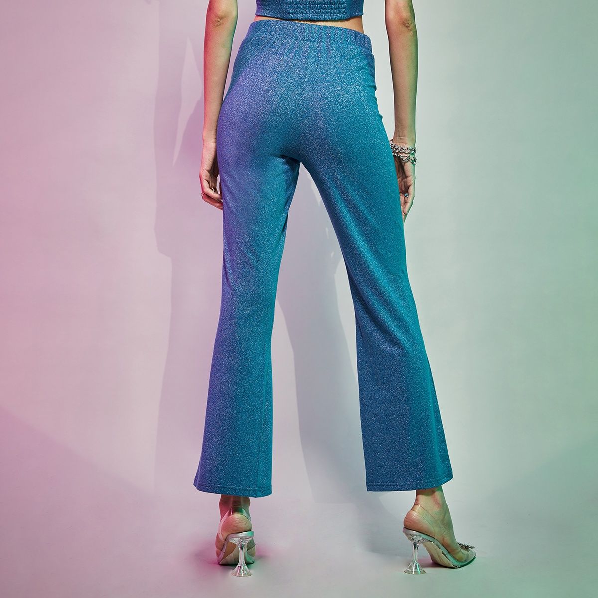 Buy MIXT By Nykaa Fashion Blue High Waisted Shimmer Flared Pants Online