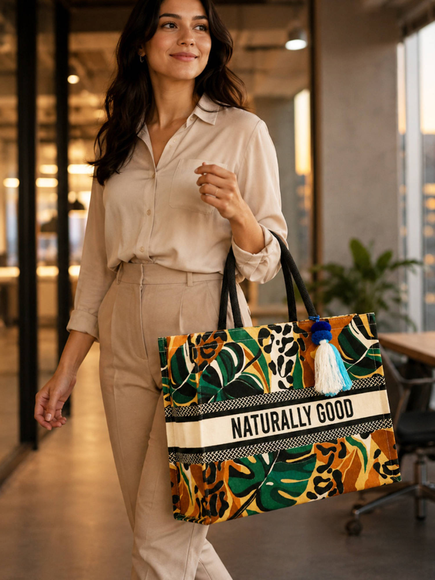 Earth Bags Naturally Good Tropical Print Cotton Canvas Shopper Tote Bag With Padded Handles