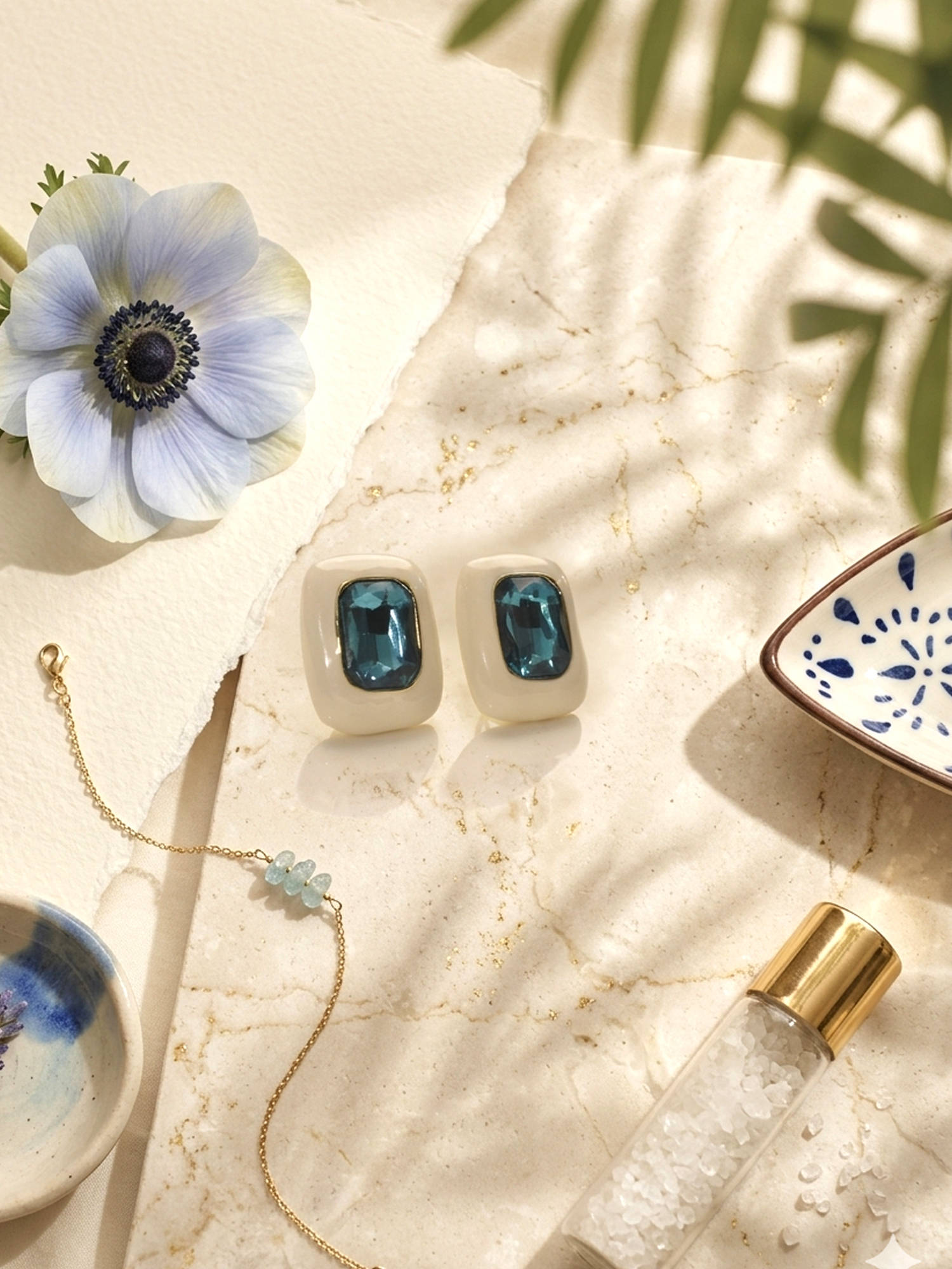 Peach Tassels Minimalist Mod Geometric Studs Blue Earrings
