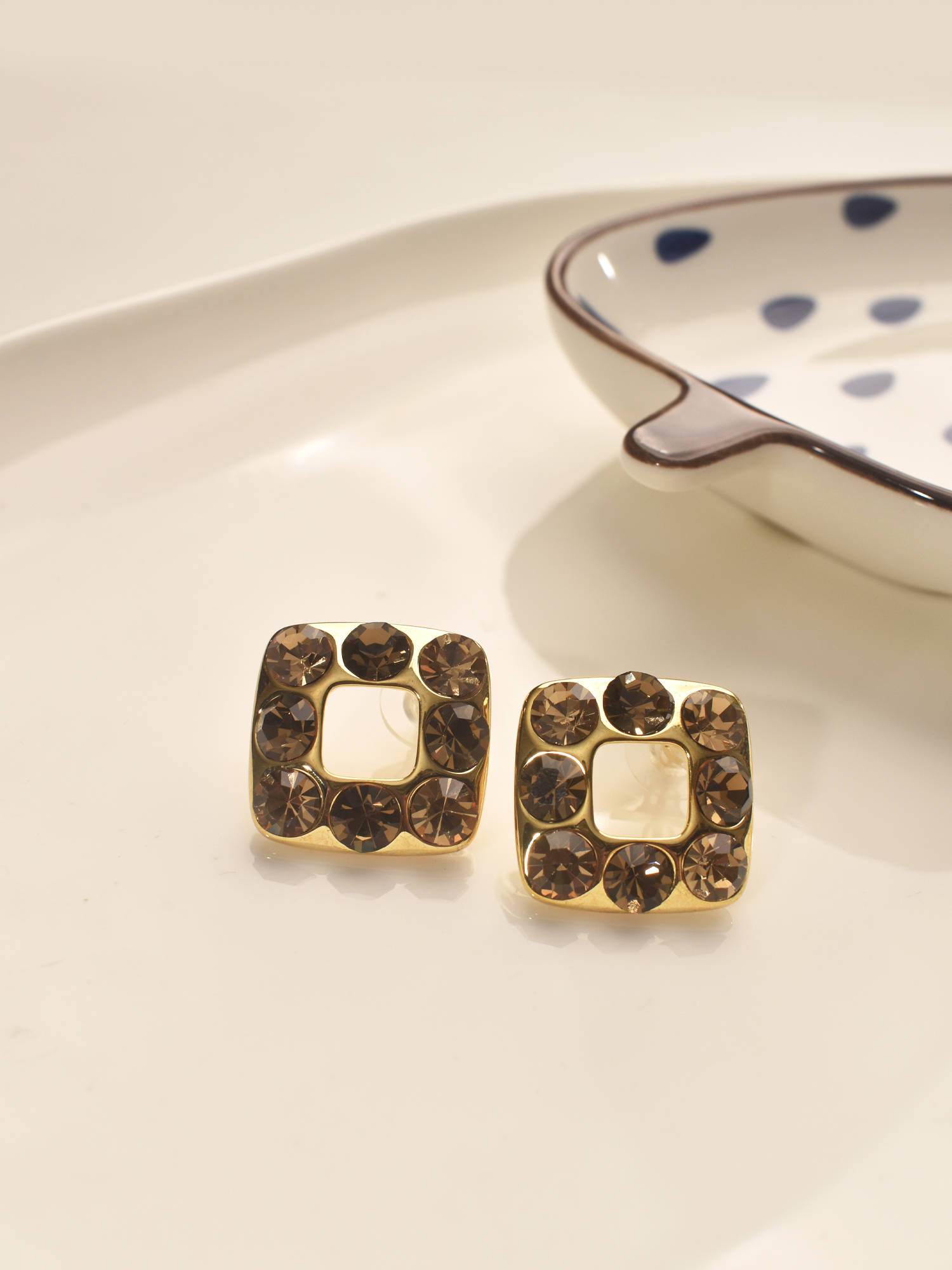 Peach Tassels Golden with Brown Gemstones Square-Shaped Earrings