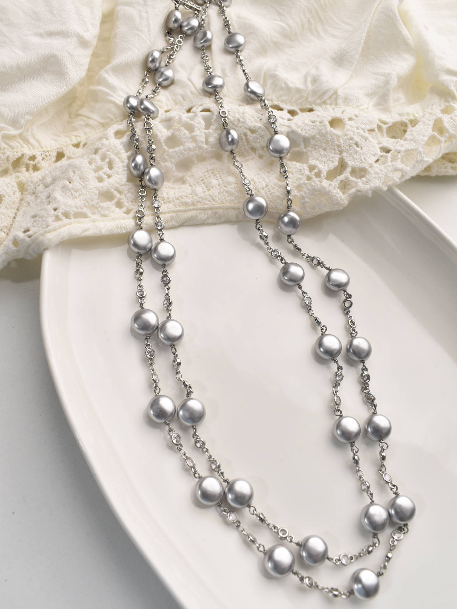 Peach Tassels Grey Beads Moti Long Beads Necklace