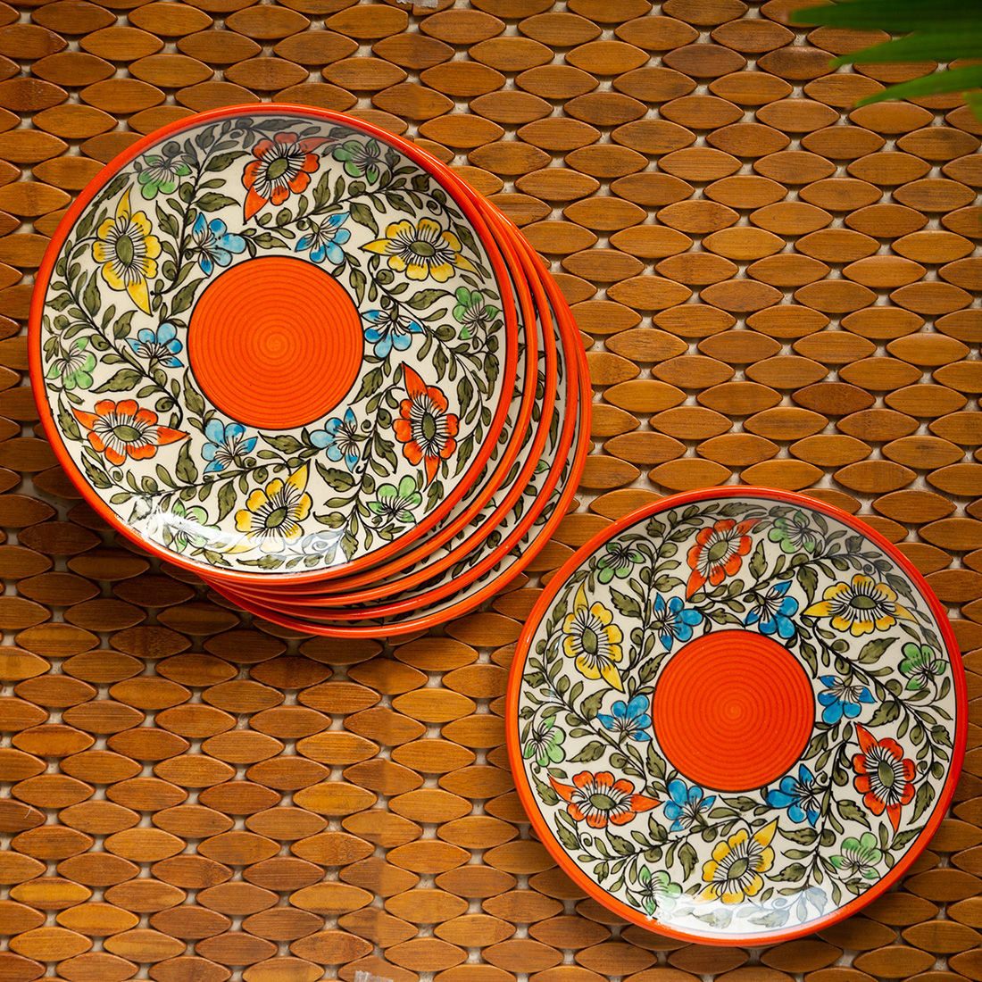 ExclusiveLane Mughal Bagheecha' Hand-painted Ceramic Dinner Plates (Set of 6, Microwave Safe)