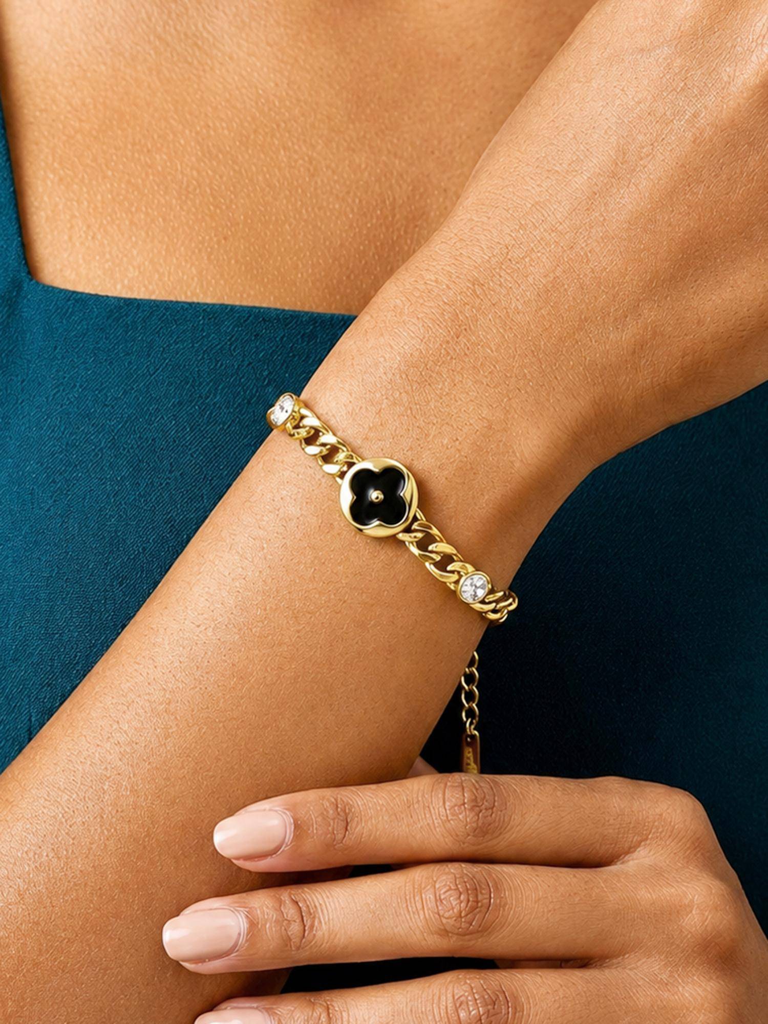 ARTKLIM Black Blossom Crystal Link Gold Anti-Tarnish Bracelet