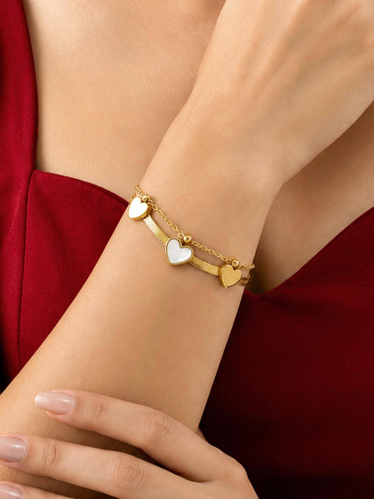ARTKLIM Dual Heart Layered Gold Chain Anti-Tarnish Bracelet